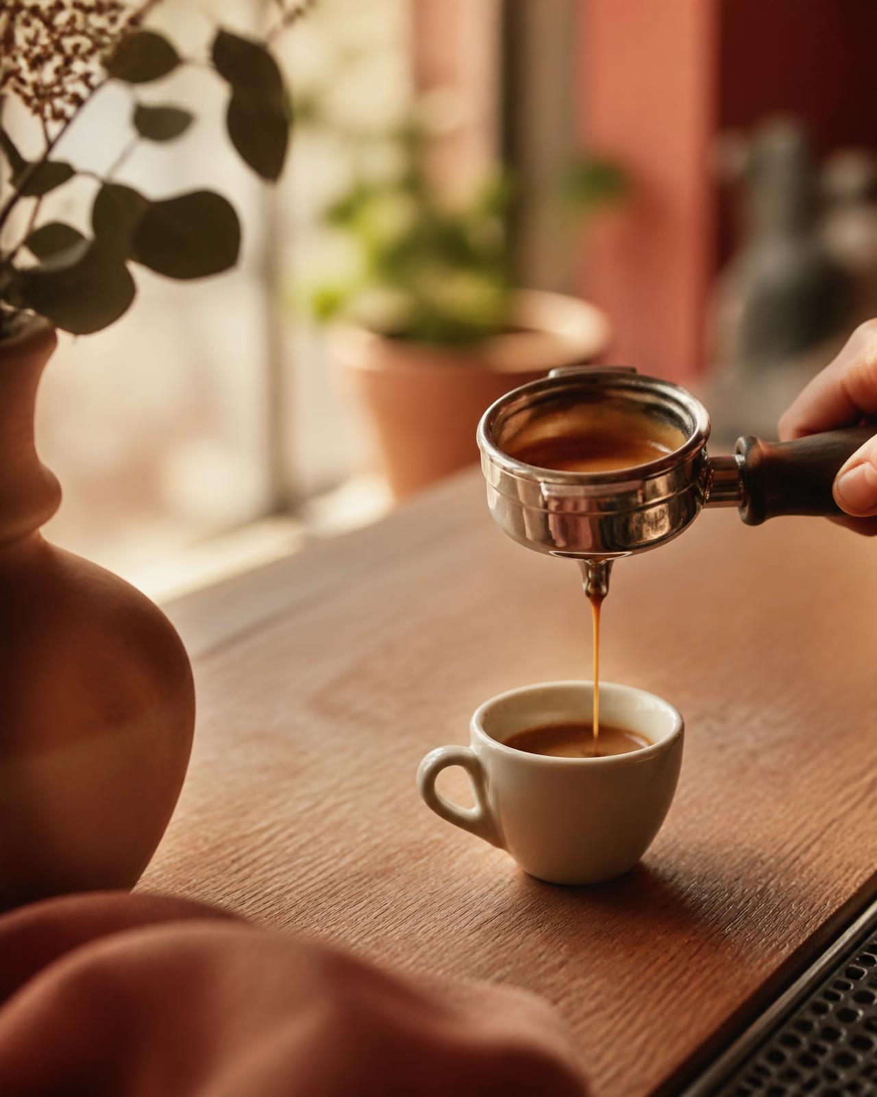 Espresso stékající do bílého šálku na dřevěném baru